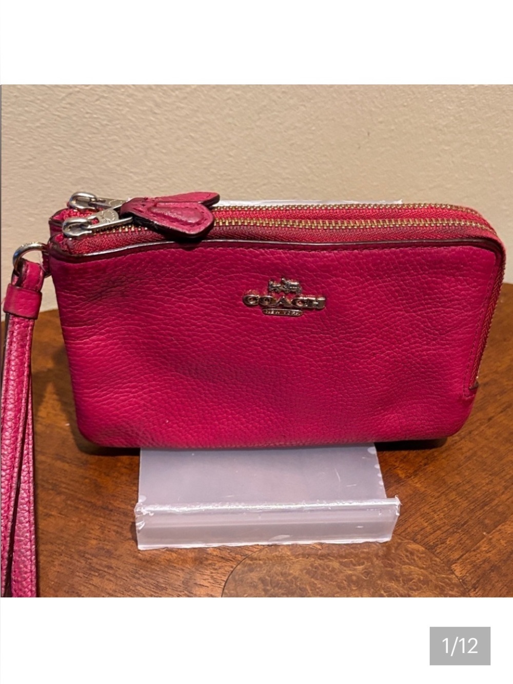 Coach double zip Wristlet pebbled Leather magenta/fuchsia gold tone 6.5”wx4”h